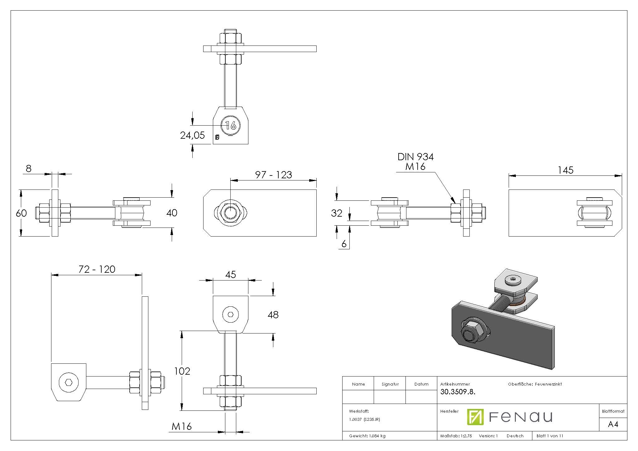 Torband M16 verstellbar mit Langlochlasche Stahl -roh- S235JR-30-3509.8