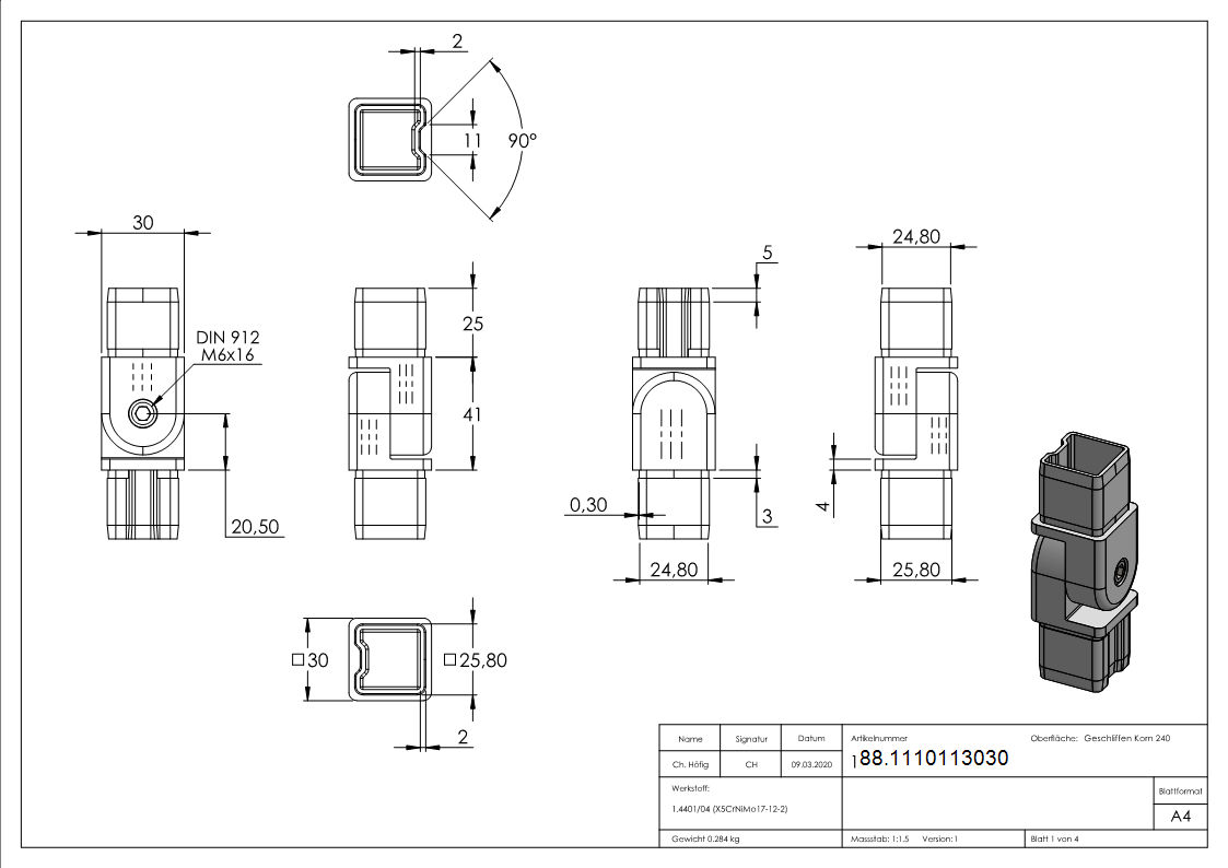 Joint de raccordement pour tuyau 30x30x2mm, V4A