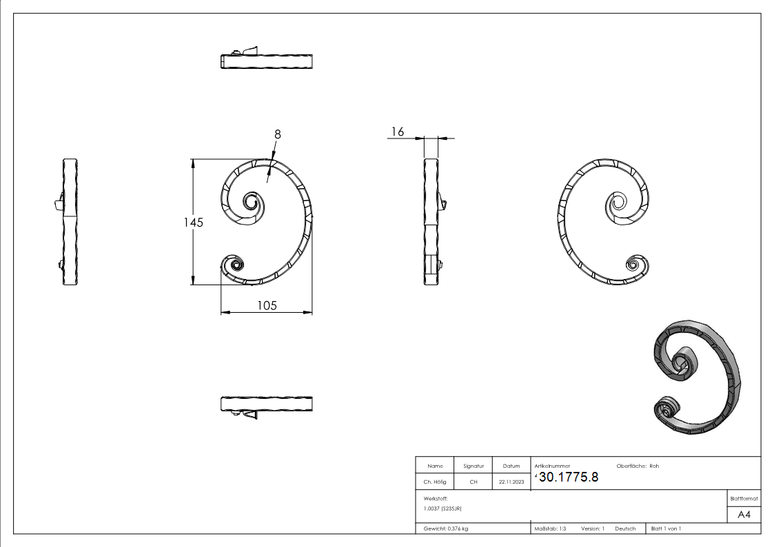 Maître baroque | Dimensions : 105x145 mm | Matériau : 16x8 mm | Acier S235JR, brut
