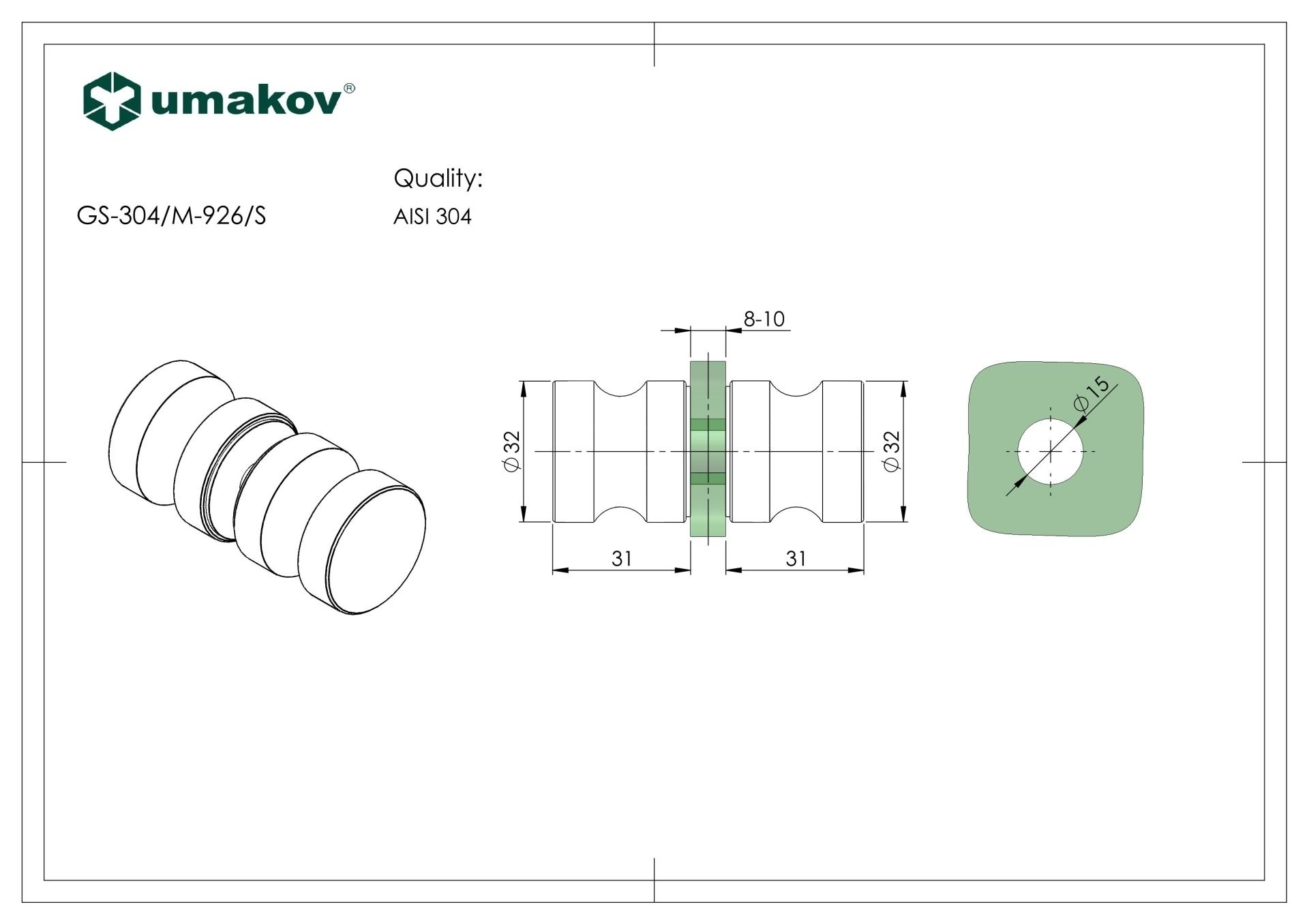 Glastuerknauf beidseitig Edelstahl V2A geschliffen Ø 32mm-89-11GS304M926S-A.4