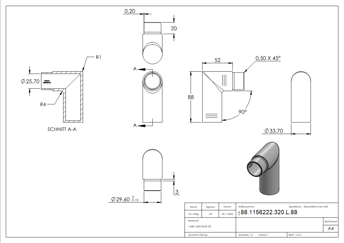 Embout 90°, pour tube 33,7 x 2,0mm, comme embout