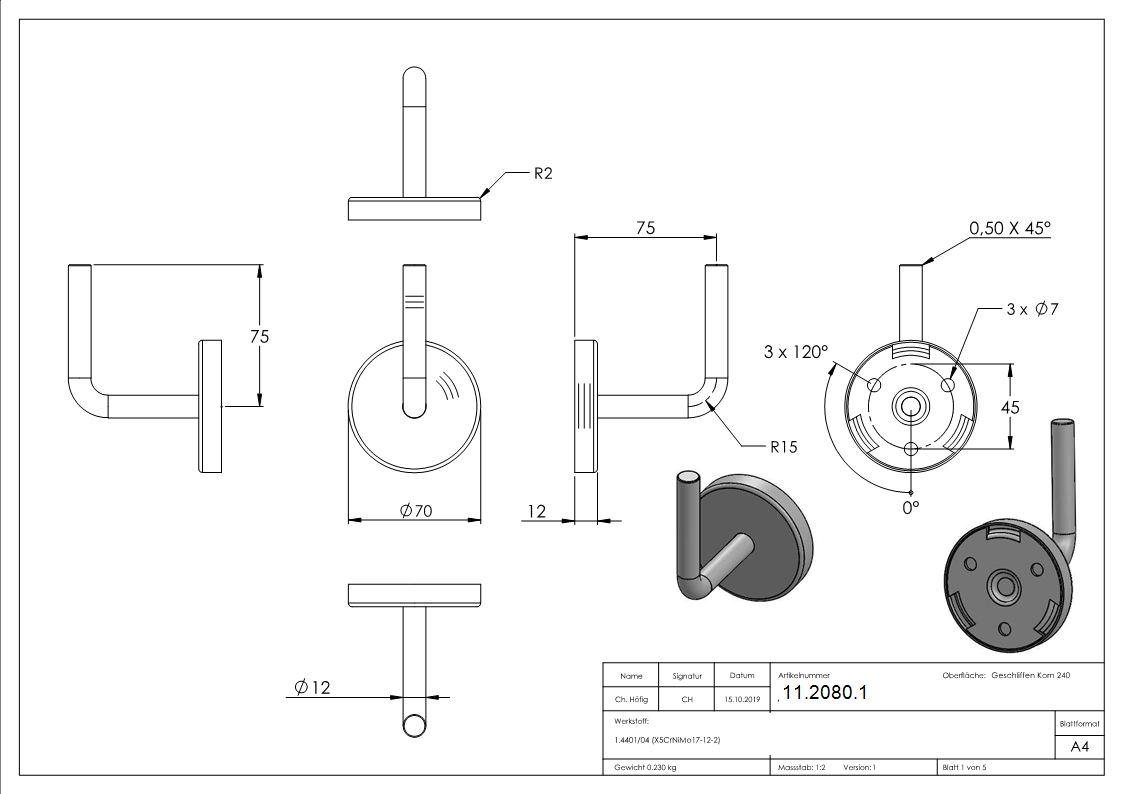 Handlaufhalter mit Ronde 70x4 mm zum Anschweissen V4A-11-2080.1