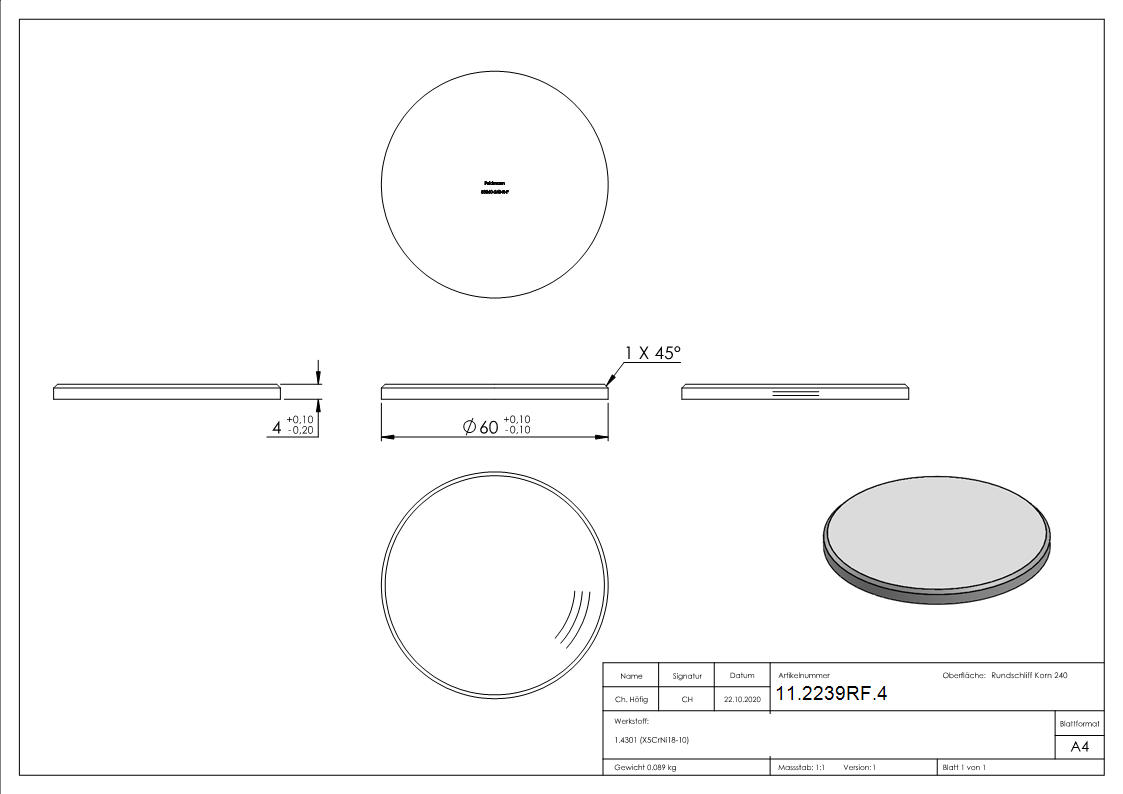 Ronde - Masse- Ø 60x4 mm - mit Rundschliff - Fase - V2A-11-2239RF.4