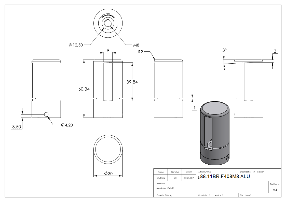 Support de base Brenk pour barres plates 40 x 8mm, ALU