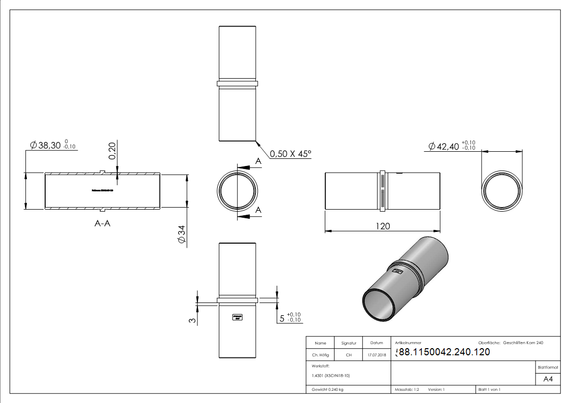 Connecteur pour tuyau 42,4 x 2,0mm