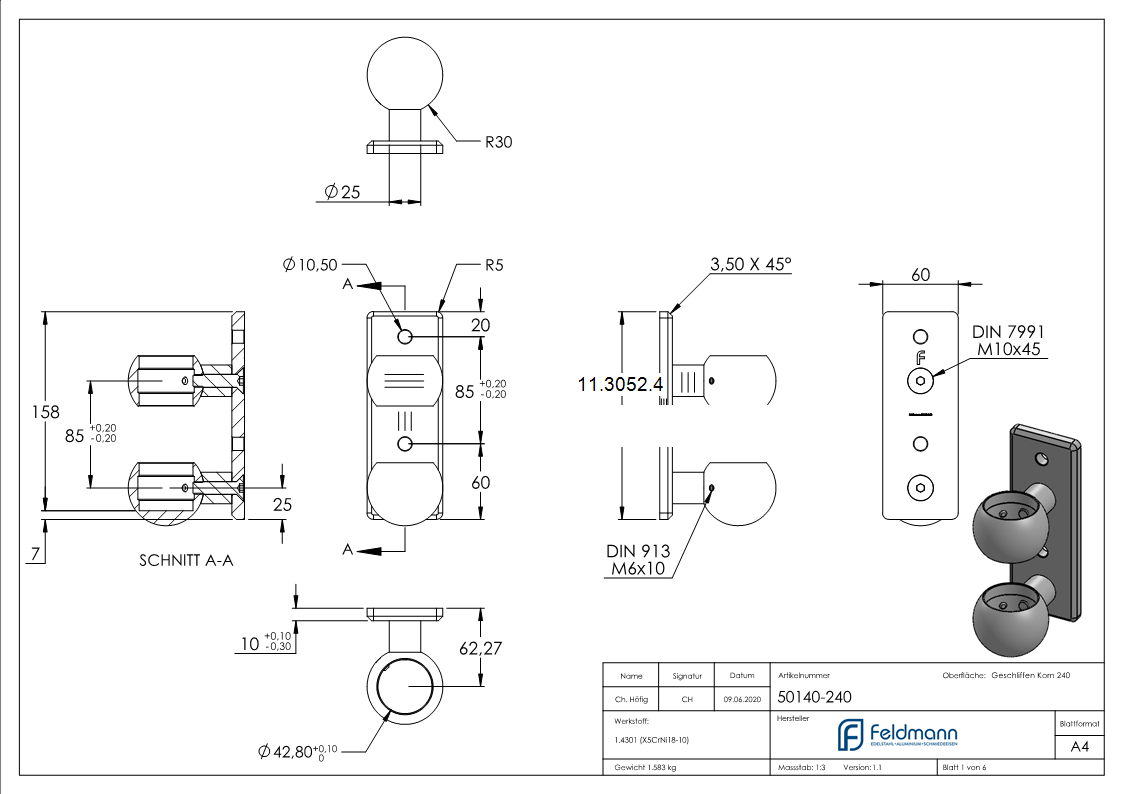 Support mural pour tube rond Ø 42,4 mm V2A