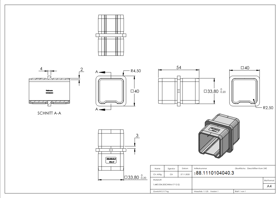 Connecteur pour tube 40x40x3mm, V4A