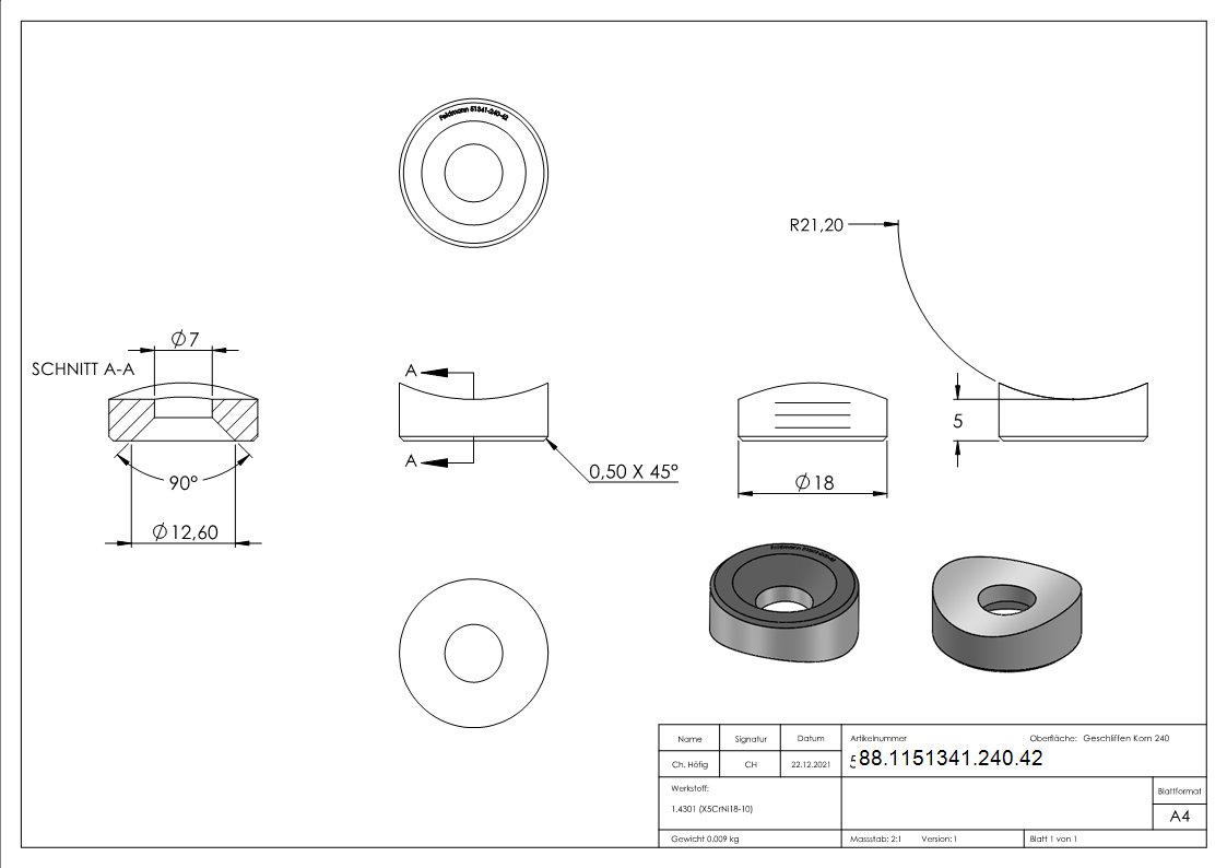 Pièce de compensation pour tube 42.4mm, Ø 18mm, avec fraisage 7mm, V2A