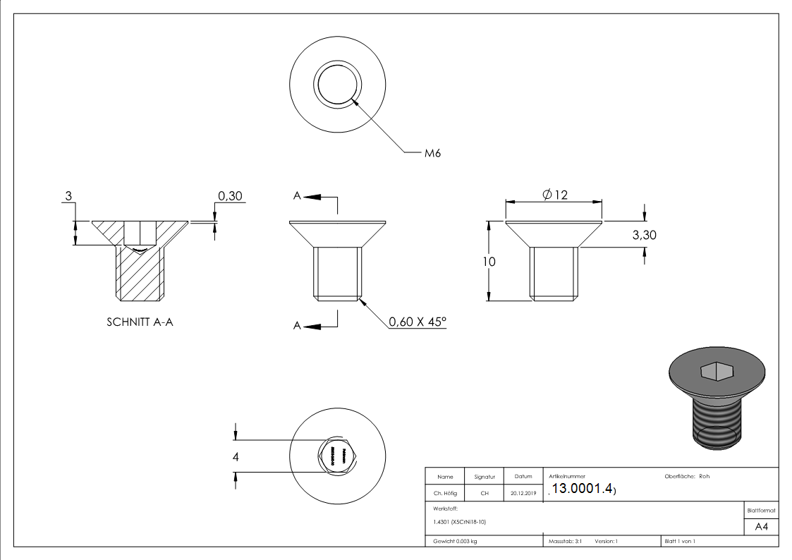Senkkopfschraube M6x10 mm V2A-13-0001.4