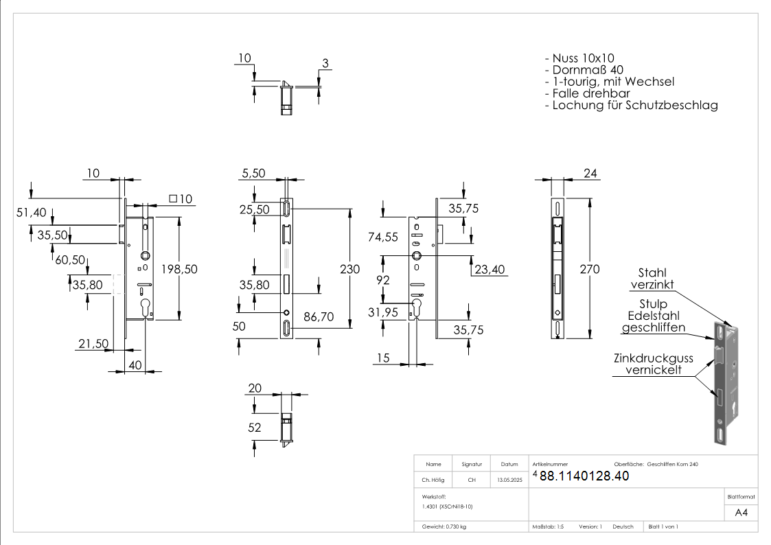 Rohrrahmenschloss verzinkt mit Langloch- Abstand 92 mm verzinkt- Dornmass 40mm-88-1140128.40