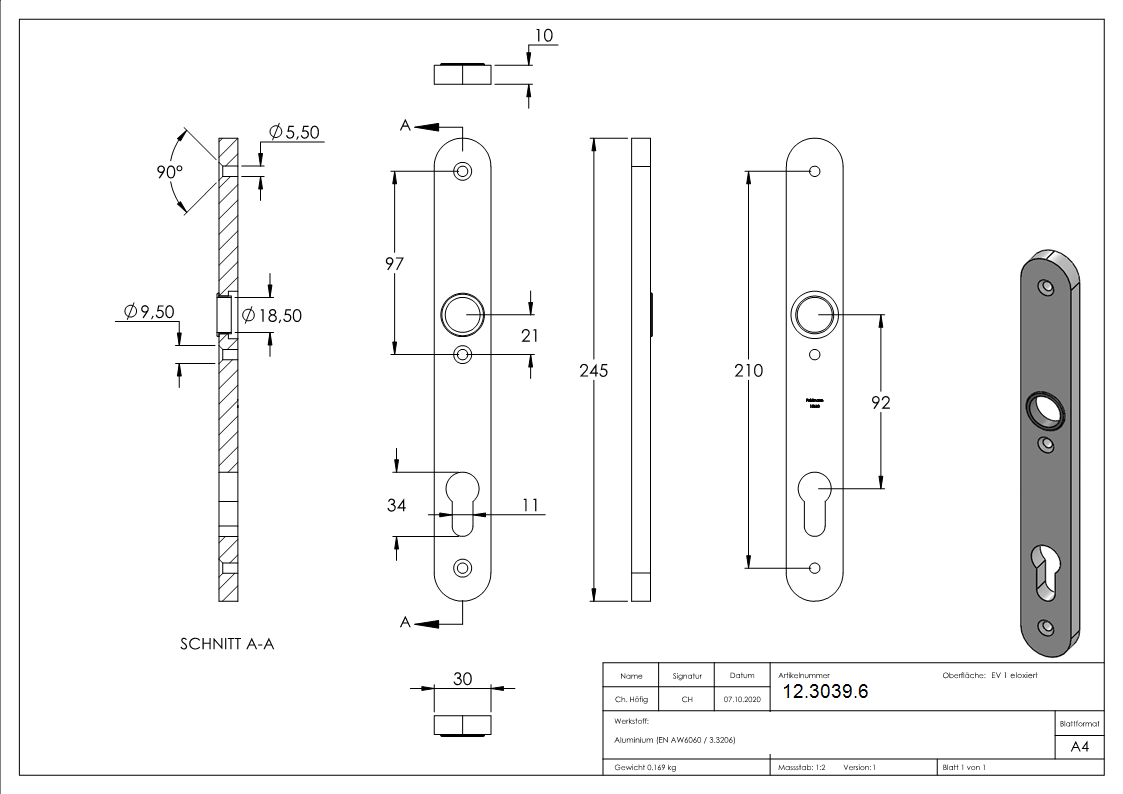 Alu-Zylinderlangschild - Masse- 30x230x10 mm - Aluminium EV1-12-3039.6
