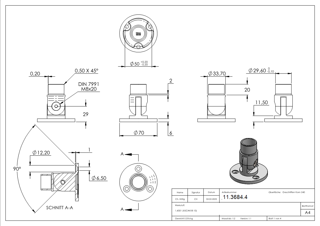 Wandhalter 90° flexibel fuer Rundrohr Ø 33-7x2-0 mm - V2A-11-3684.4