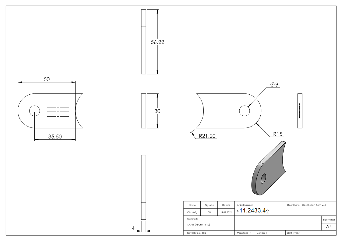 Anschweisslasche 50x30x4 mm mit Rundloch- Ø 9 mm V2A-11-2433.4