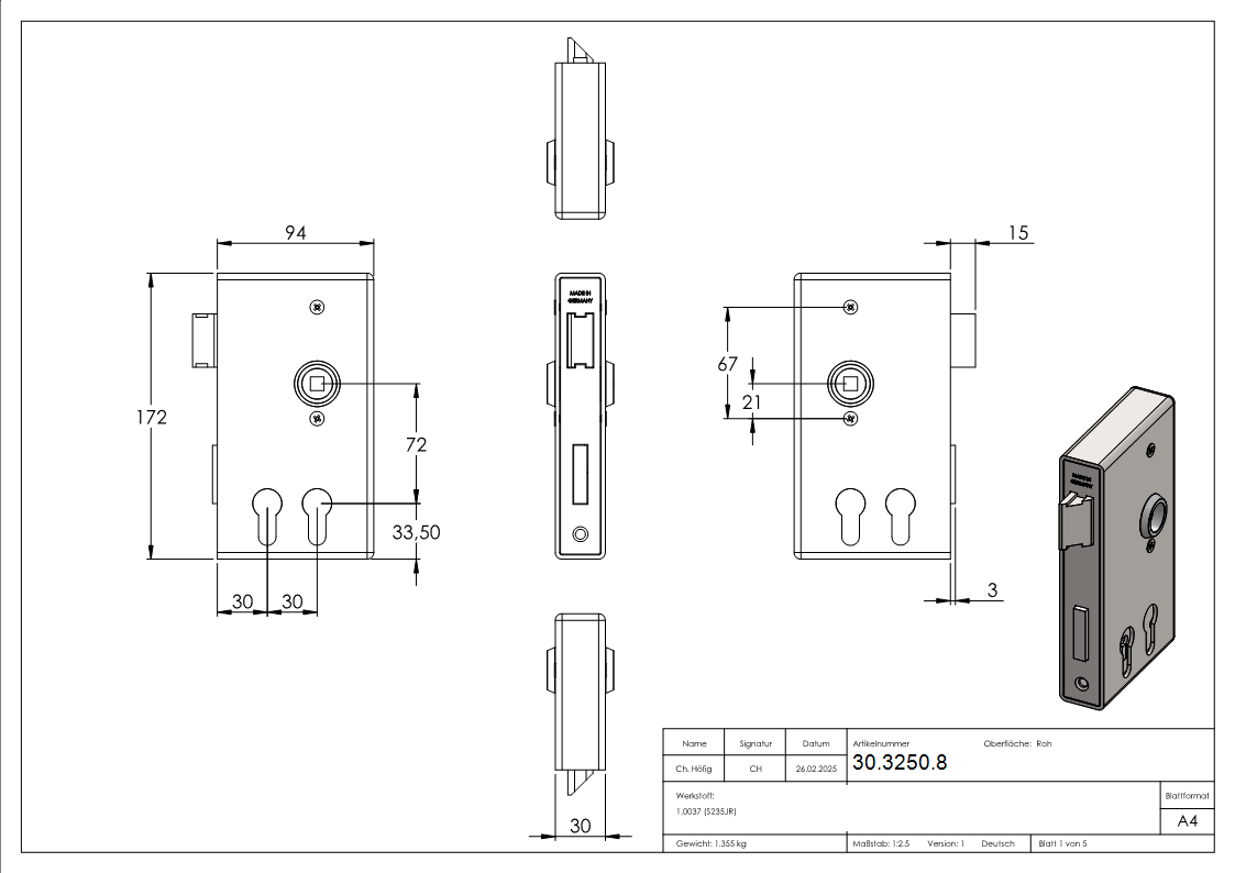 Schlosskasten Stahl B 30 mm fuer zwei Profilzylinder mit verzinktem Schloss-30-3250.8