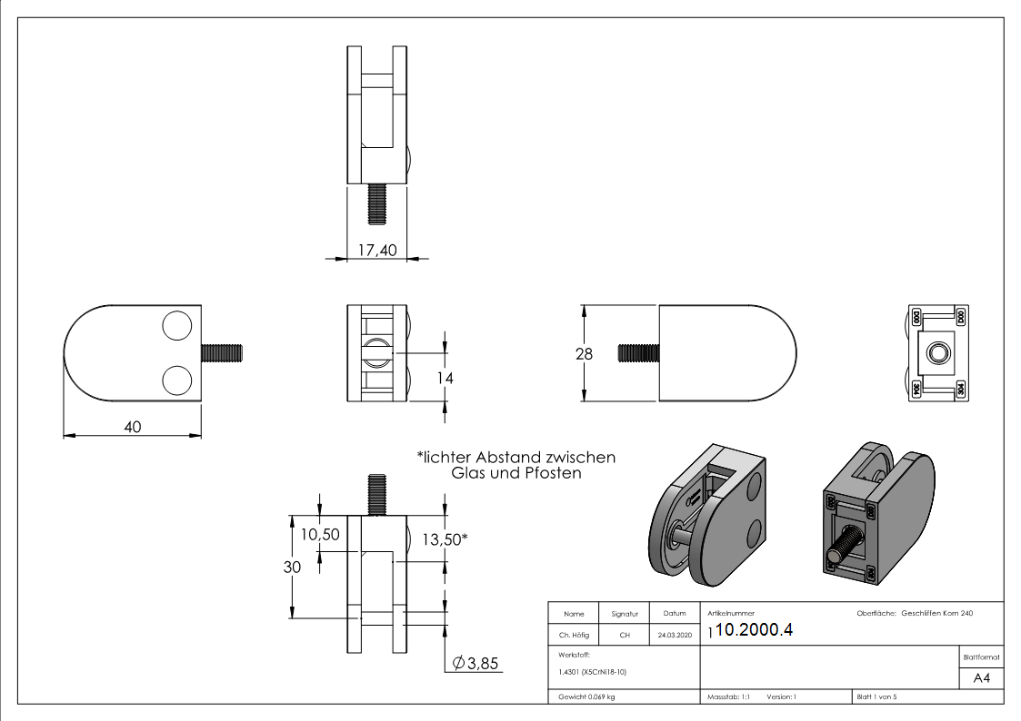 Pince en verre | Dimensions : 40x28x17.4 mm | Connexion plate | V2A