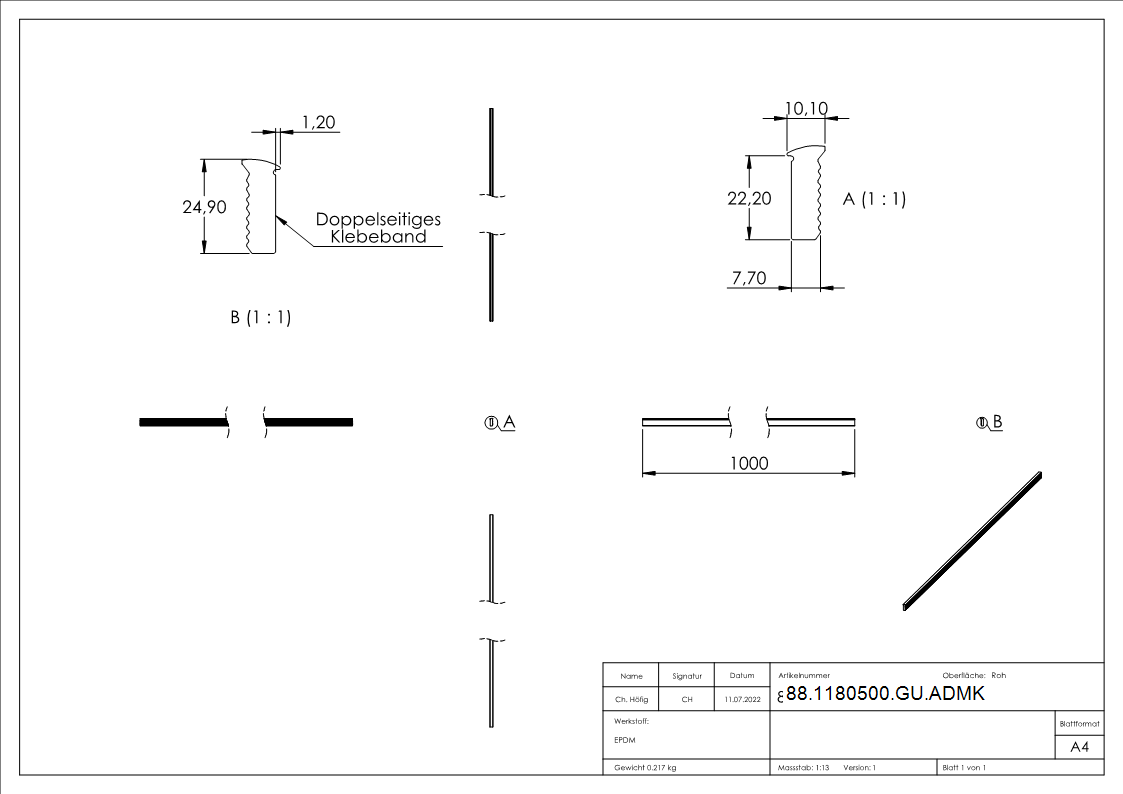 Joint supérieur, EPDM 80 -5° Shore, noir