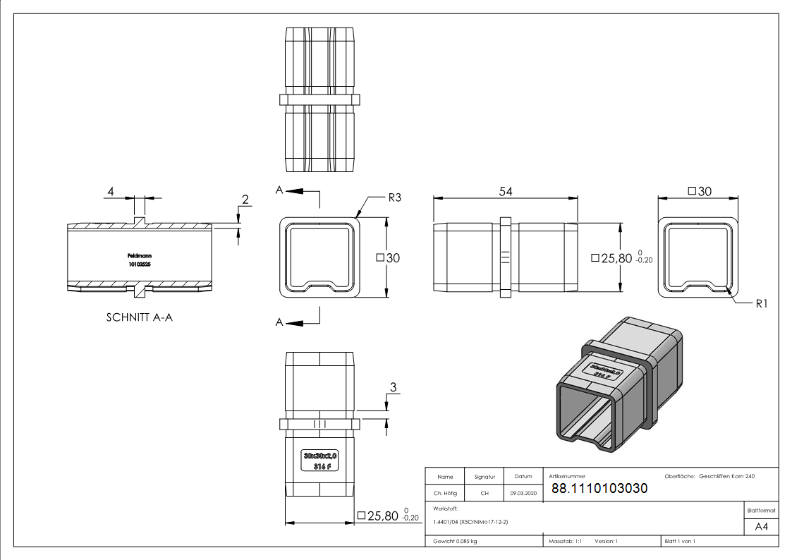 Steckfitting V4A fuer 30 x 30 x 2 mm Rohr zum Stecken-88.1110103030