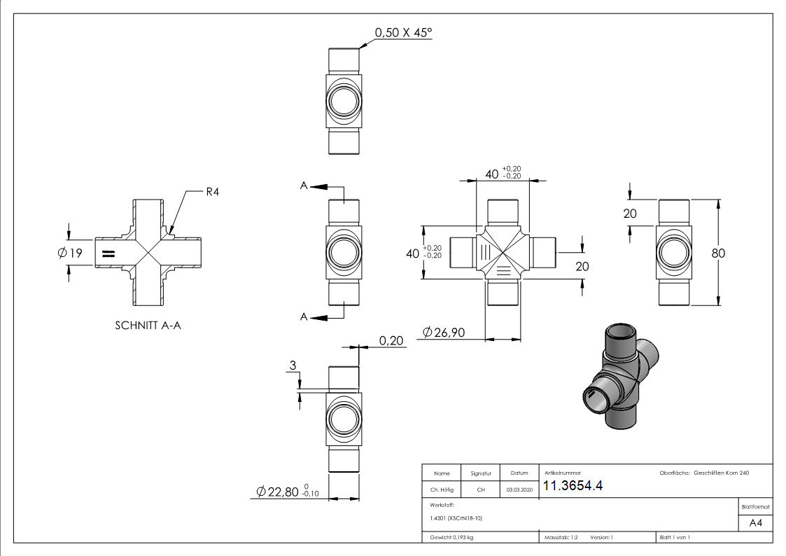 Kreuzstueck mit gleichem Abgang fuer Rundrohr Ø 26-9x2-0 mm V2A-11-3654.4