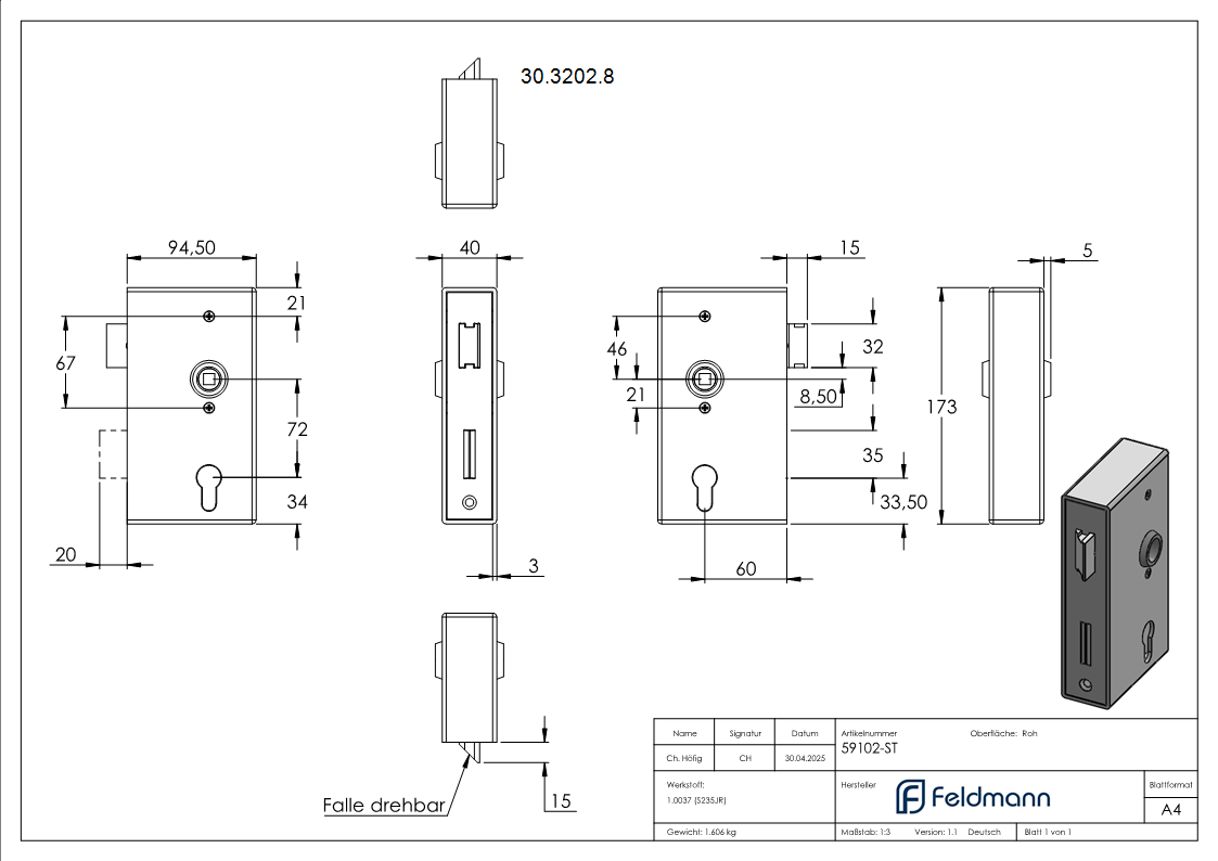 Kastenschloss verzinkt 40x94-5x173 mm mit Edelstahl Stulp-30-3202.8