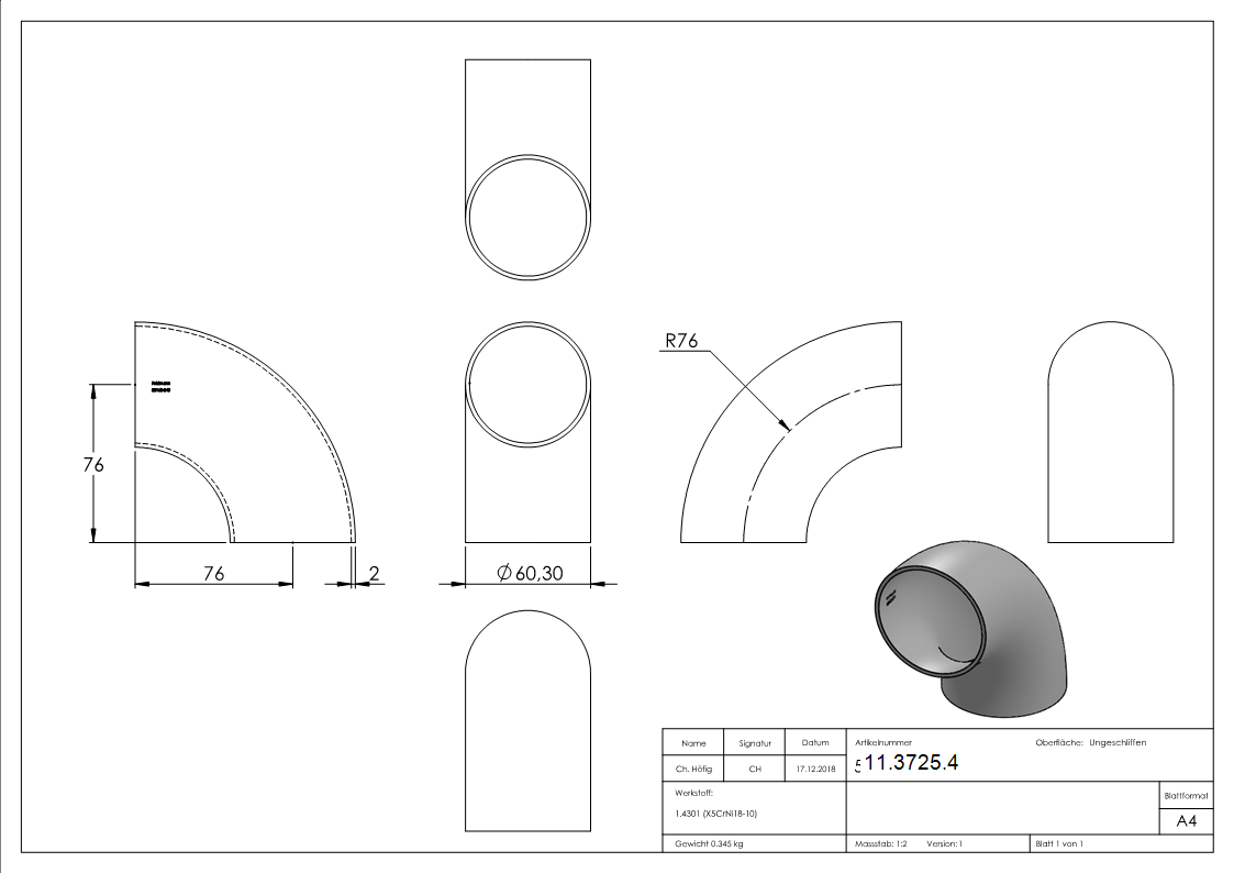 Bogen 90° zum Schweissen fuer Rundrohr- Ø 60-3 mm V2A- Bauart 3-11-3725.4
