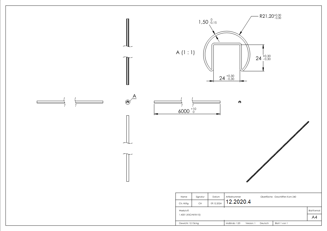 Tube rainuré | dimensions : Ø 42.4x1.5 mm | avec rainure : 24x24 mm | longueur : 6000 mm | V2A