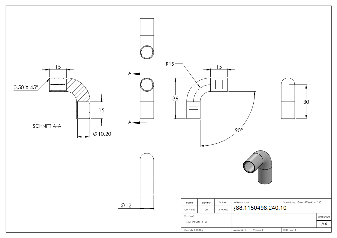 Connecteur de barre ronde pour Ø 10mm, 90°.