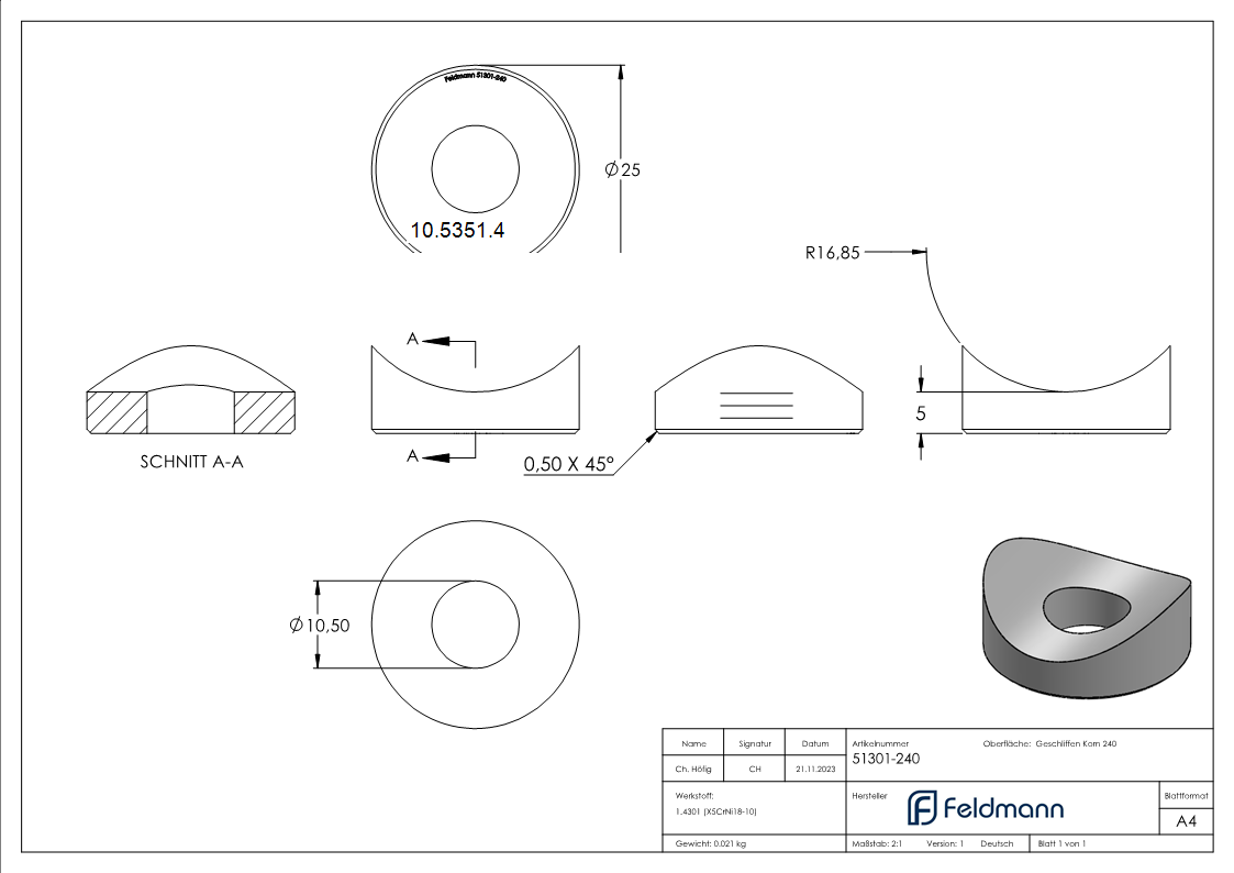 Pièce de compensation | pour raccordement : Ø 33,7 mm | Ø extérieur : 25 mm | V2A