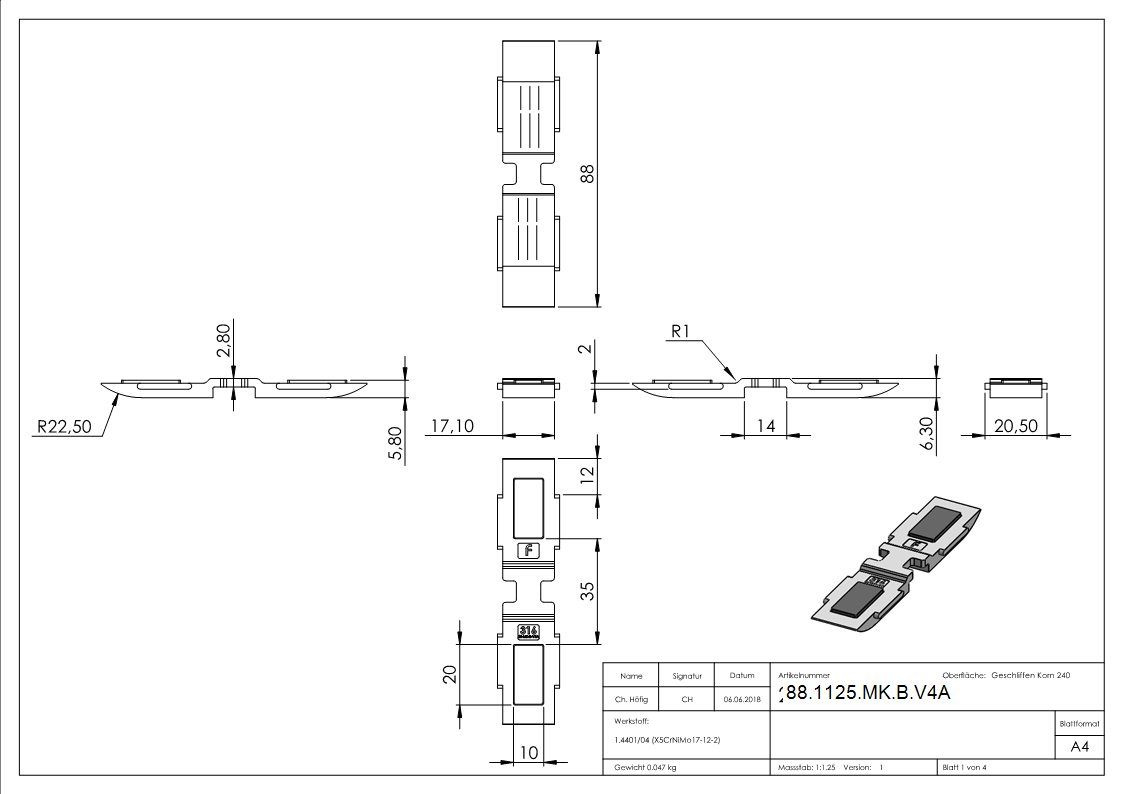Sicherungsboden Edelstahl V4A -1-4401-04- fuer Mittelklemme Mod- 25-88-1125-MK-B.V4A
