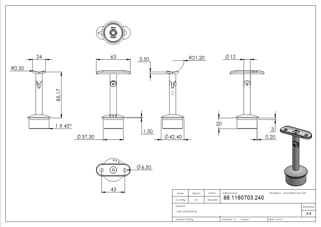 Rohrabschlussstopfen Edelstahl V2A fuer Rohr Ø 42-4 x 2-5 mm Handlauf Ø 42-4 mm mit Gelenkstift-88-1160703.240