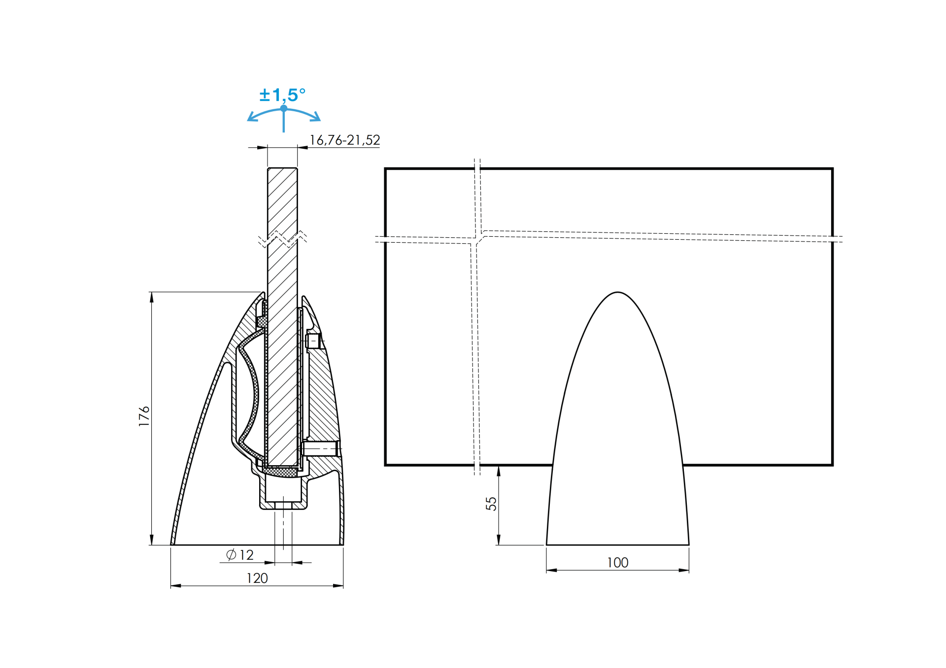 Verstellbarer Spigot Ankerpfosten fuer Glas - Edelstahl AISI 316- geschliffen-89-11A146501000-A.4