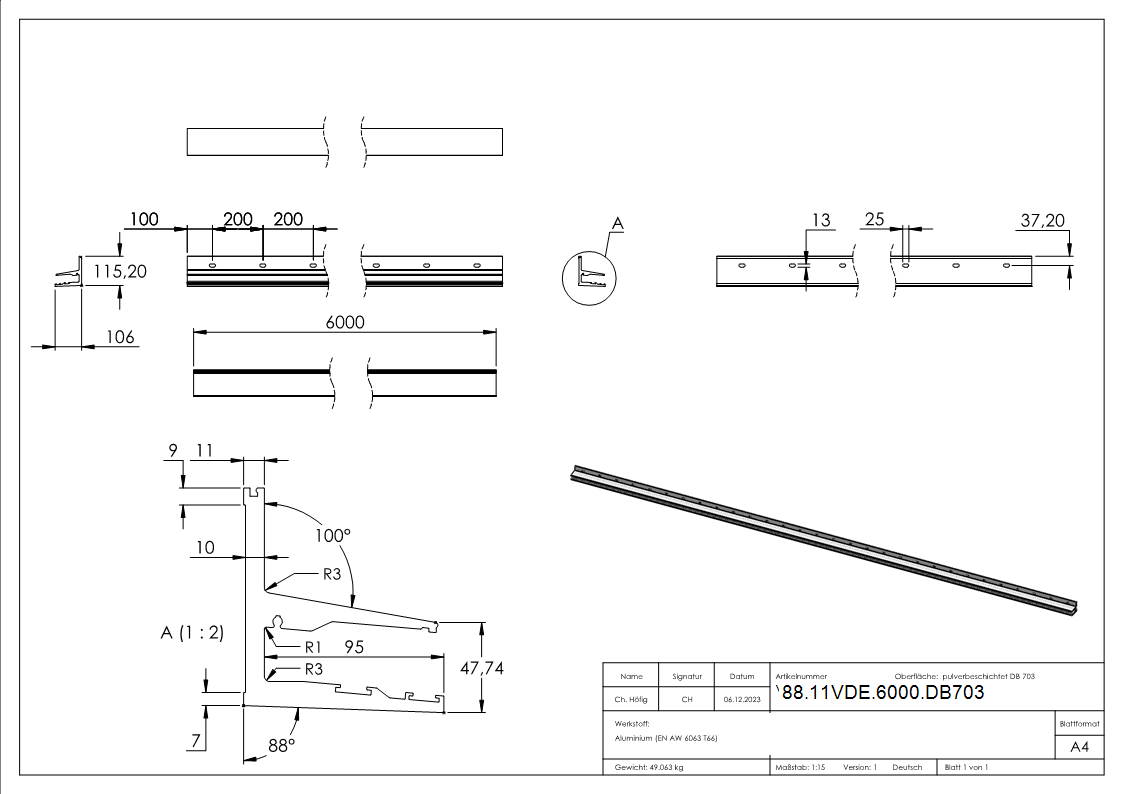 Vordachprofil eleganza canopy- L- 6000mm- DB703-88-11VDE-6000.DB703