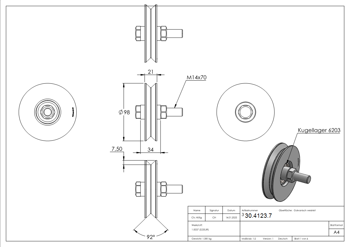Schiebetorrolle - Ø 98 mm - V-Rille - Stahl S235JR- verzinkt-30-4123.7