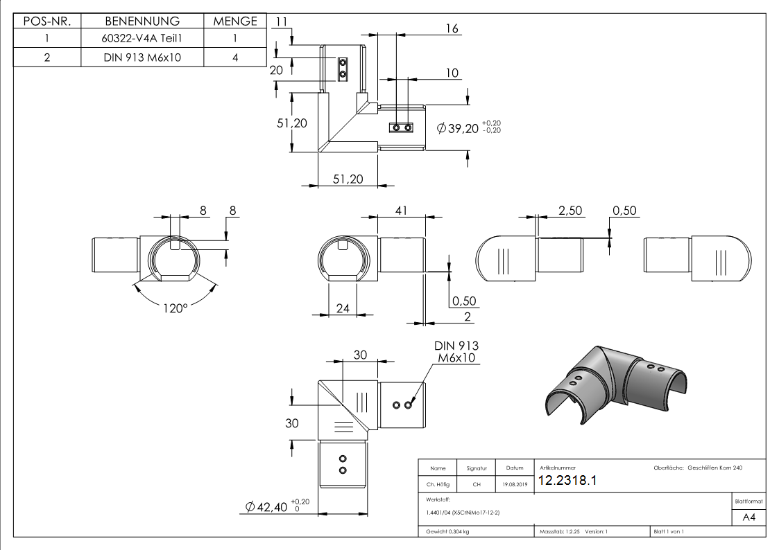 Angle rentrant 90° | horizontal | pour tube rainuré Ø 42.4 mm | V4A