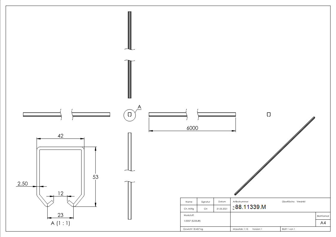 Laufschiene fuer Haengetore- gross- Laenge 6000mm-88-11339.M
