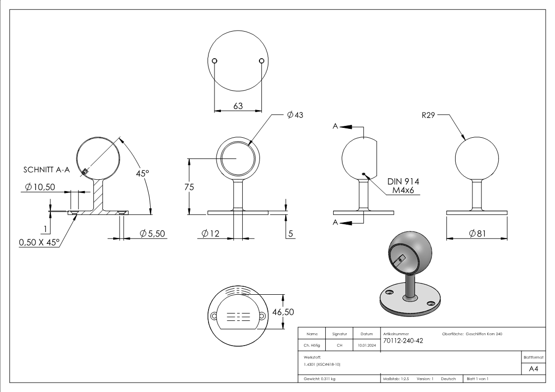 Support d'extrémité de tube, pour tube 42,4mm, V2A