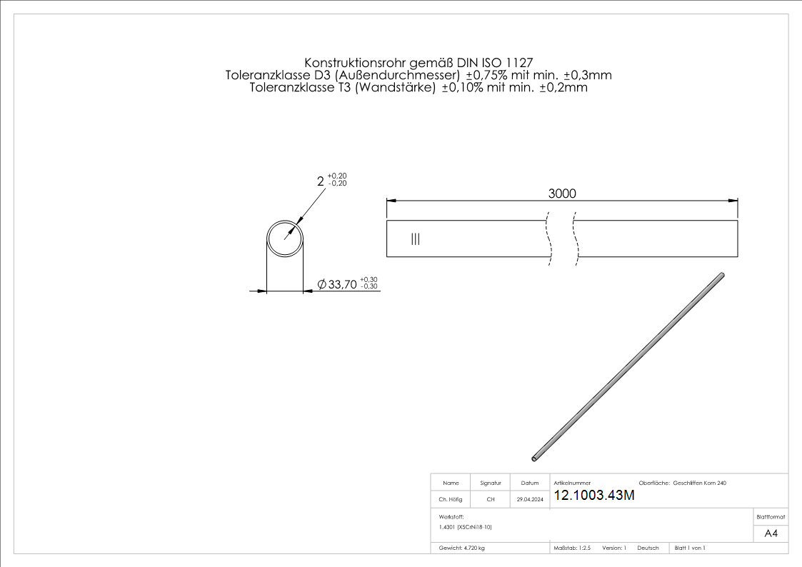 Tube rond Ø 33,7x2,0 mm á 3 m V2A