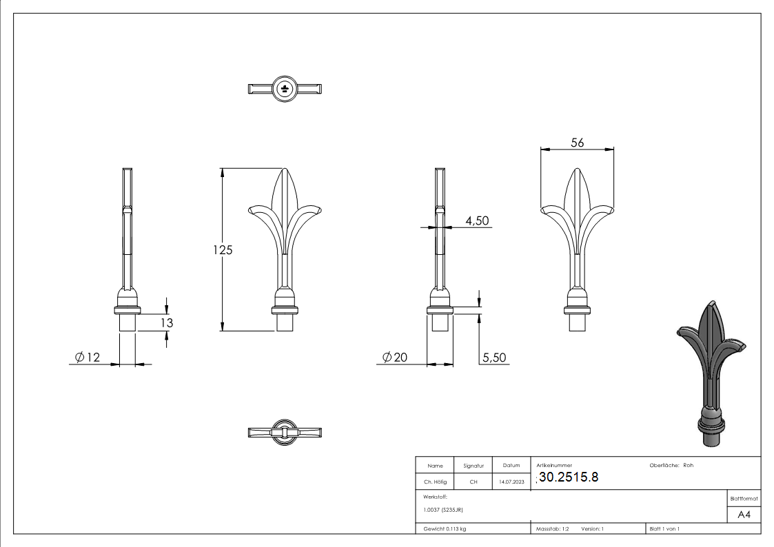 Zaunspitze - Hoehe- 125 mm - Material- Ø 12 mm - Stahl S235JR- roh-30-2515.8