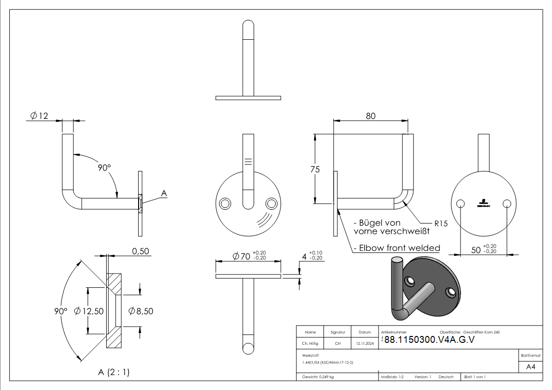 Handlaufhalter V4A Ronde Ø70x4 mm Buegel Ø12 mm Wandabstand 80 mm zum Anschweissen-88-1150300-V4A-G.V