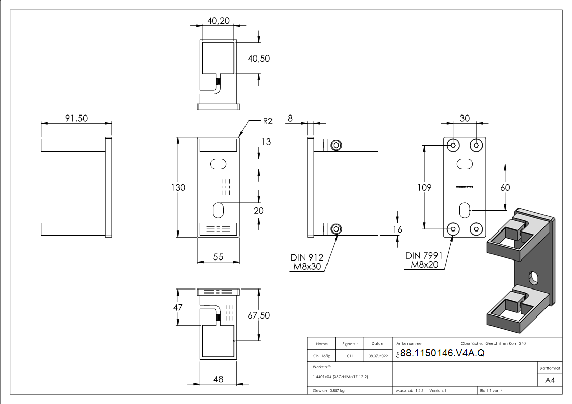 Fixation murale pour poteaux 40 x 40mm, V4A