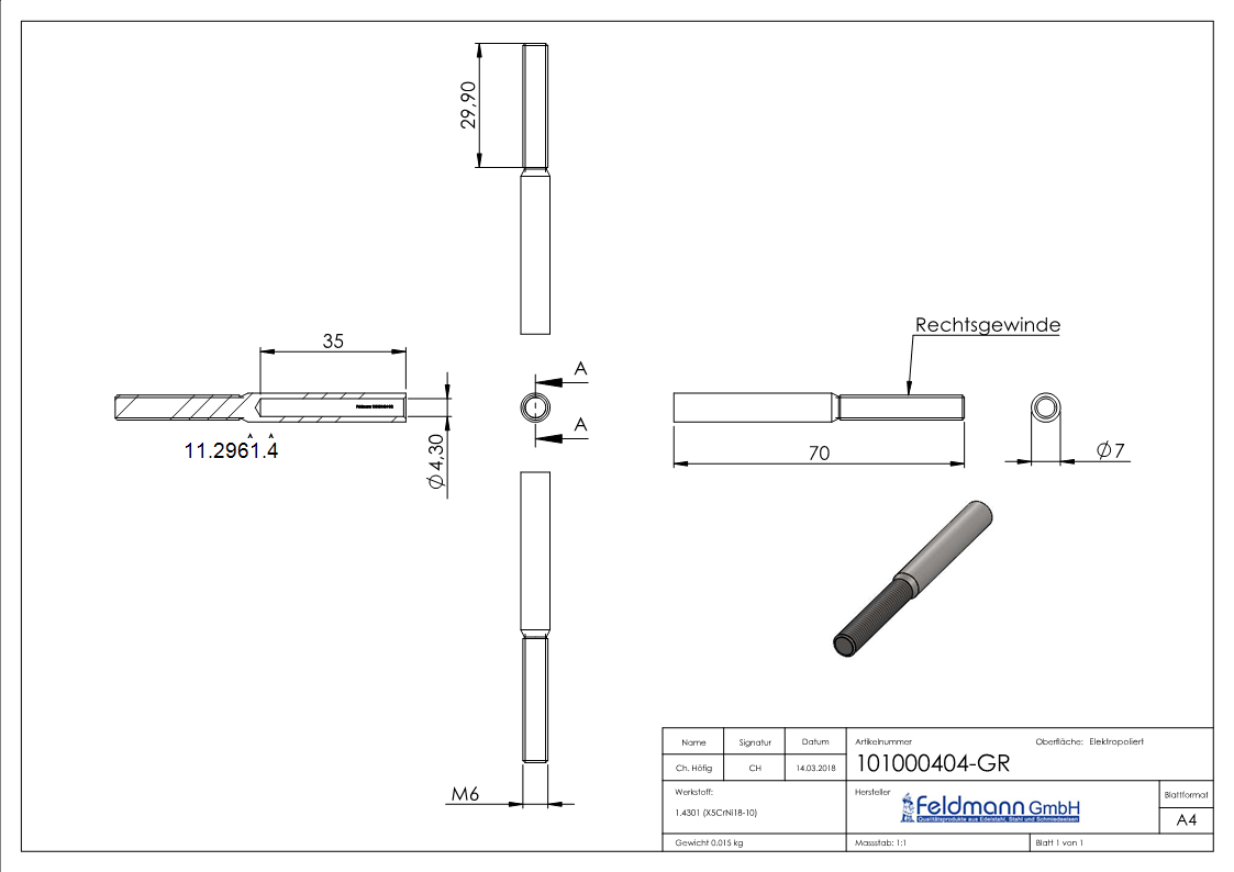 Gewindeterminal mit Aussengewinde - Rechtsgewinde - Fuer Seil von Ø 4 mm -V2A-11-2961.4
