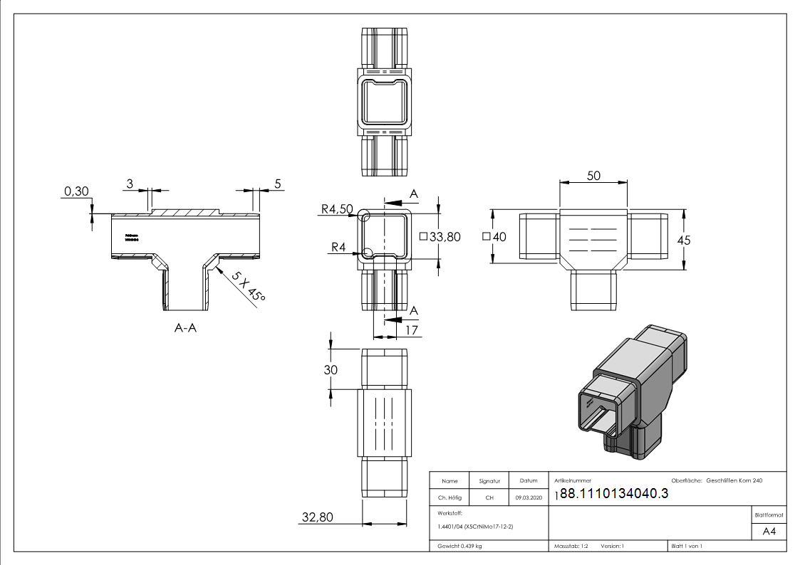 Connecteur pour tube 40x40x3mm, V4A