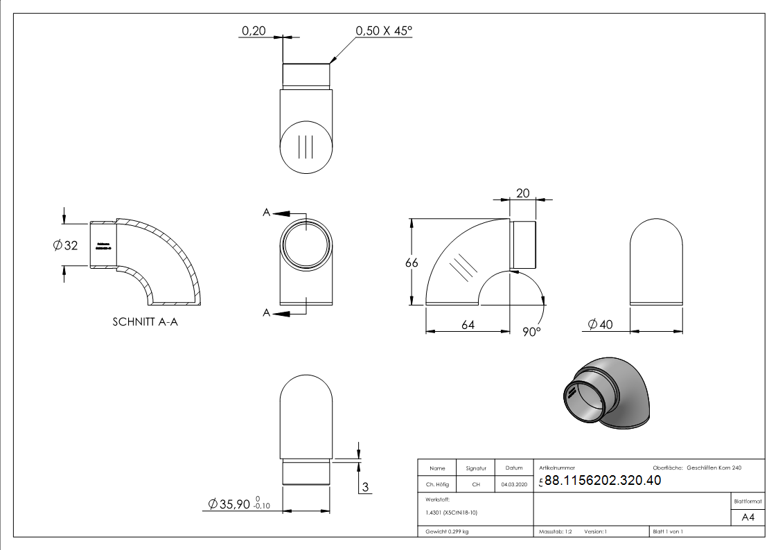 Embout 90° plat, pour tube 40.0 x 2.0mm