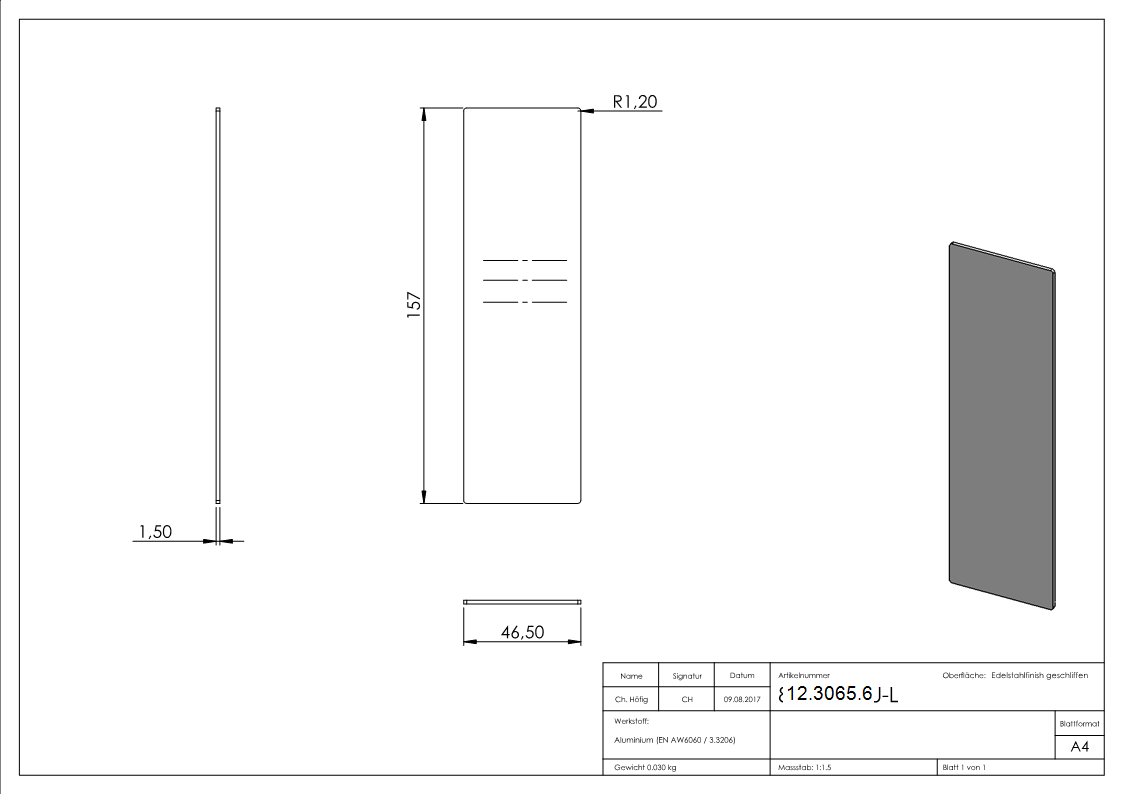 Embout | pour garde-corps tout verre | pour pente jusqu'à 41° | dimensions : 157x46,5x1,5 mm | aluminium