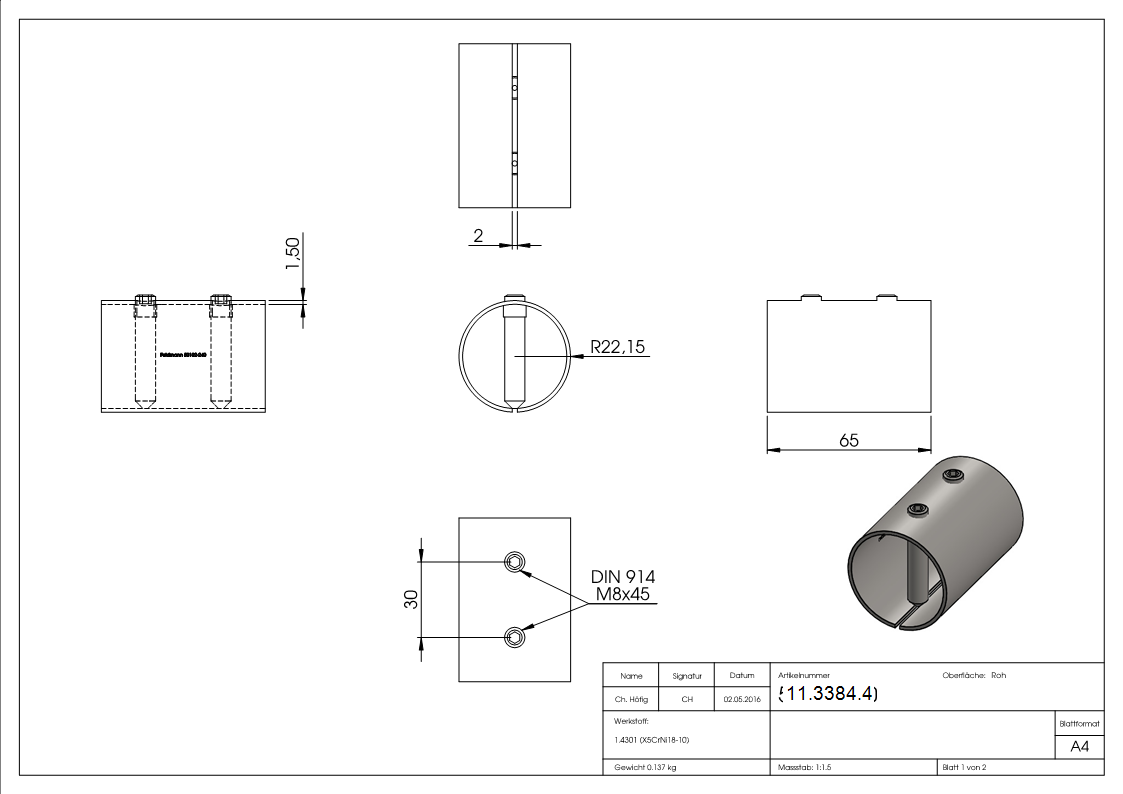 Manchon de raccordement pour tube rond Ø 48.3x2.0 mm V2A