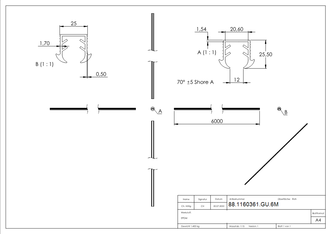 Joint à coin verre 11,52 - 13,52mm, pour rainure 24 x 24mm, longueur 6m, EPDM
