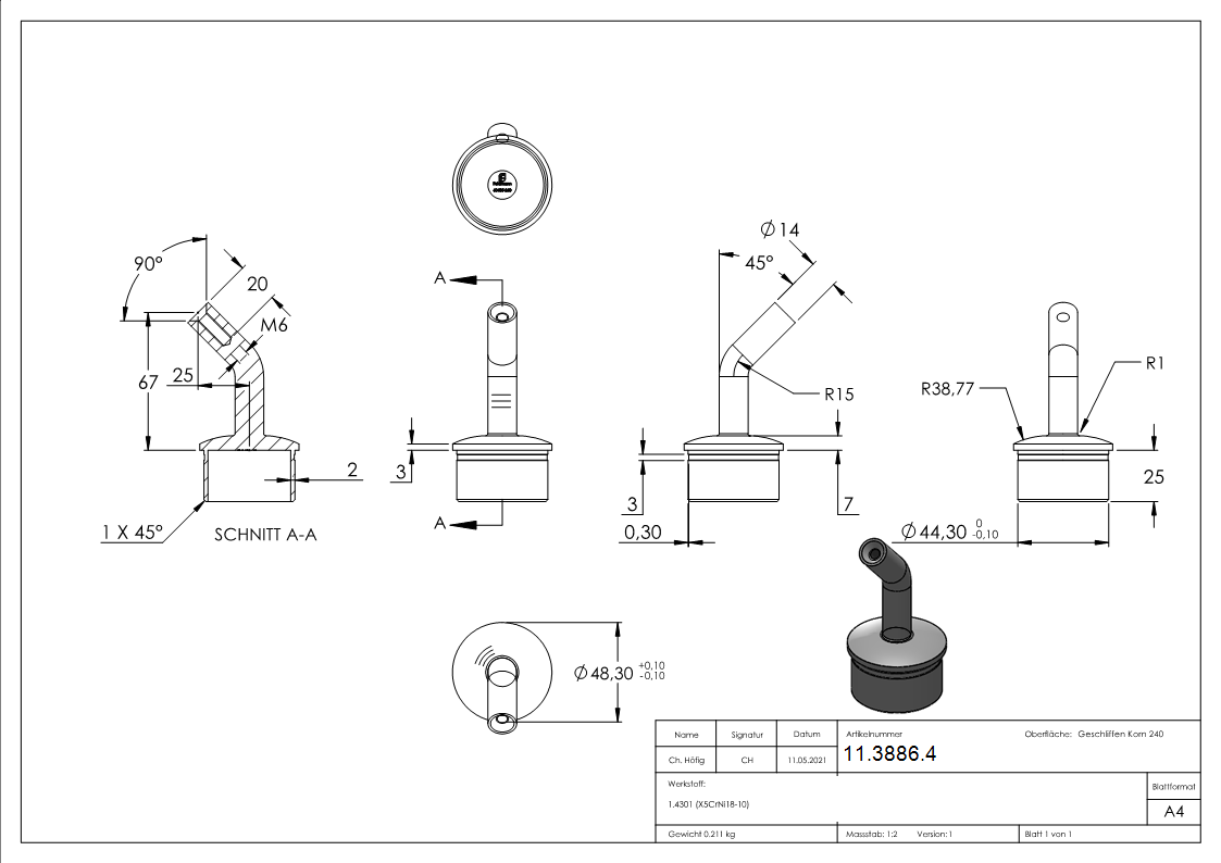 Handlaufstuetze  Stueck 135° gebogen mit In-11-3886.4
