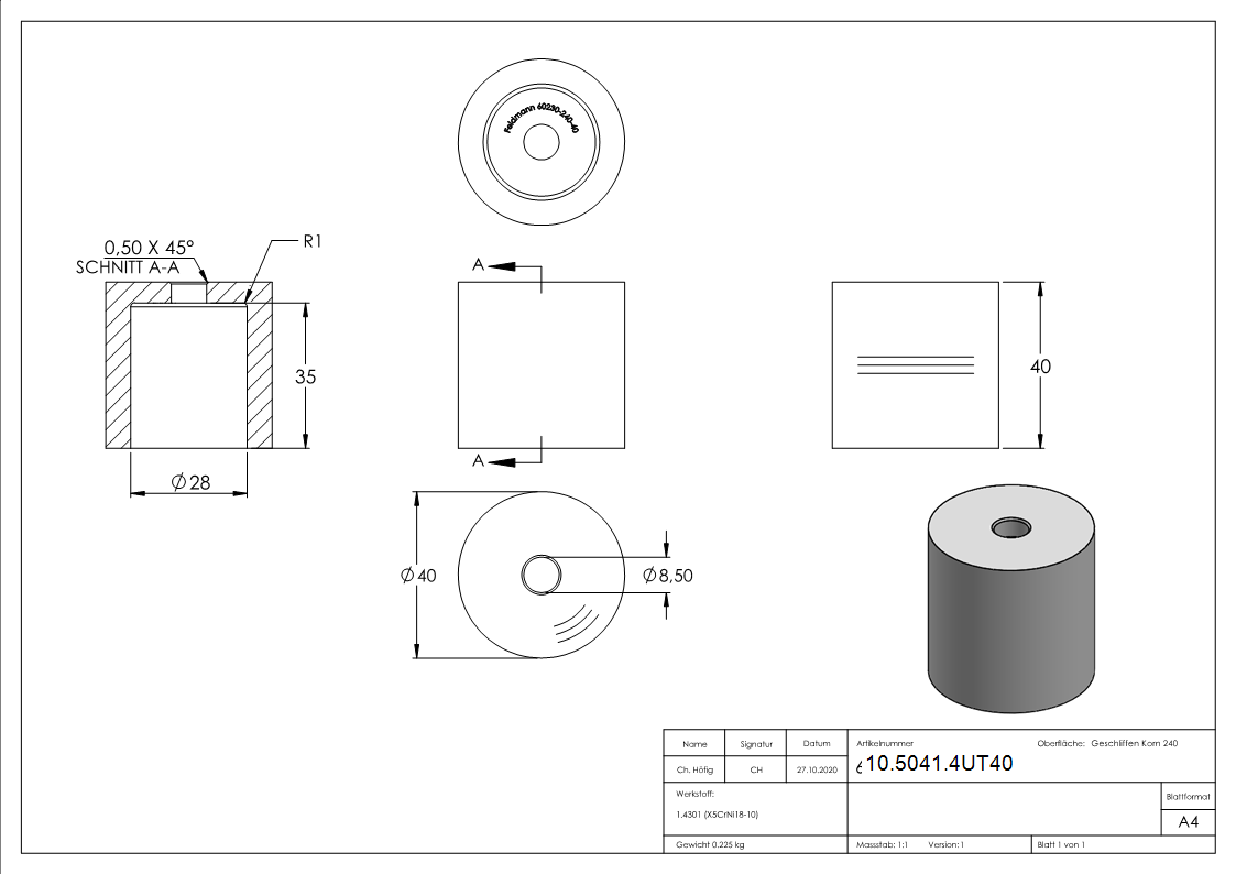 Glaspunkthalter-Unterteil Ø 40 mm- V2A- Hoehe- 40 mm-10-5041.4UT40
