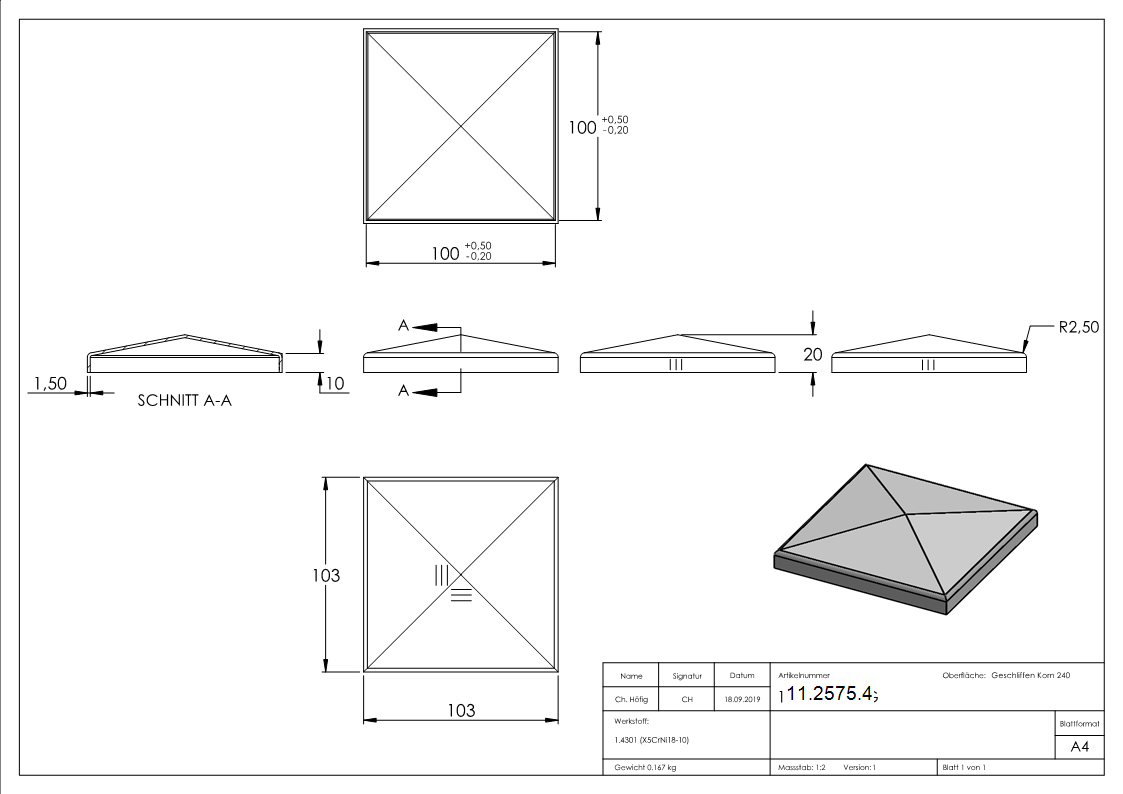 Capuchon de poteau pour tube carré : 100x100 mm | V2A