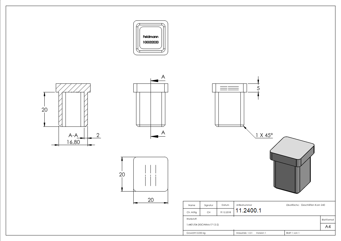 Capuchon d'insertion V4A pour collage pour tube 20x20x1,5 mm