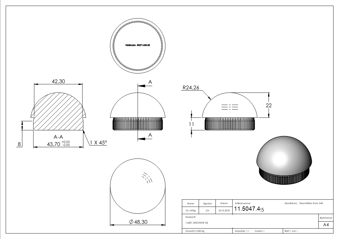 Bouchon demi-rond V2A matériau plein pour Ø 48,3x2,6 mm